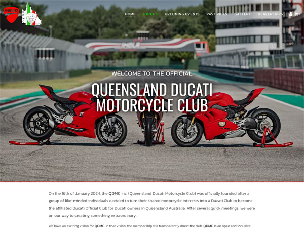 Queensland Ducati Motorcycle Club - Design  · Content management system  · E-commerce  · Membership  · Blog  · Gallery  · Mobile responsive  · Nimbo website builder